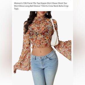 New women’s floral 70s top hippie sheer mesh shirt disco boho crop top size M